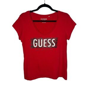 GUESS Women’s Large V-Neck T-Shirt Top Red Rhinestones Cotton Y2K